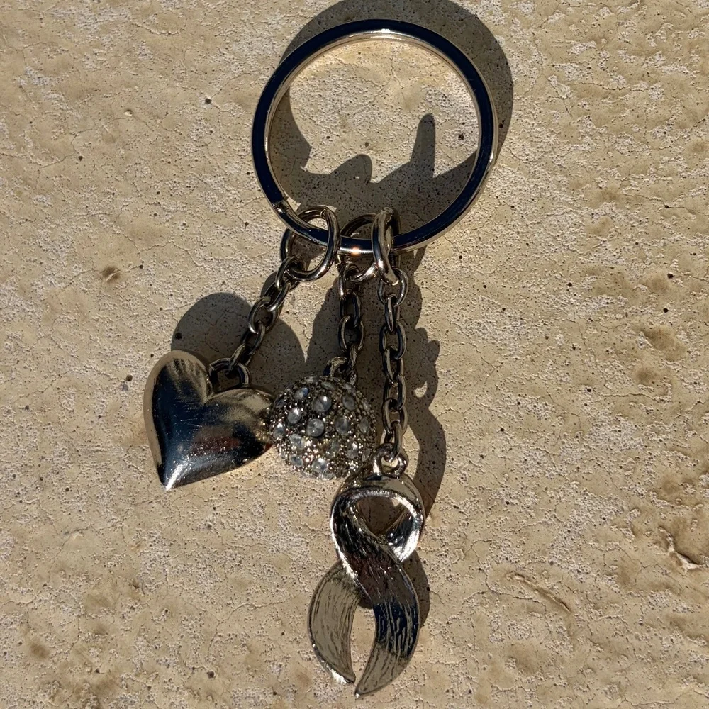 keychain bag charm silver heart, pink ribbon, rhinestone sphere